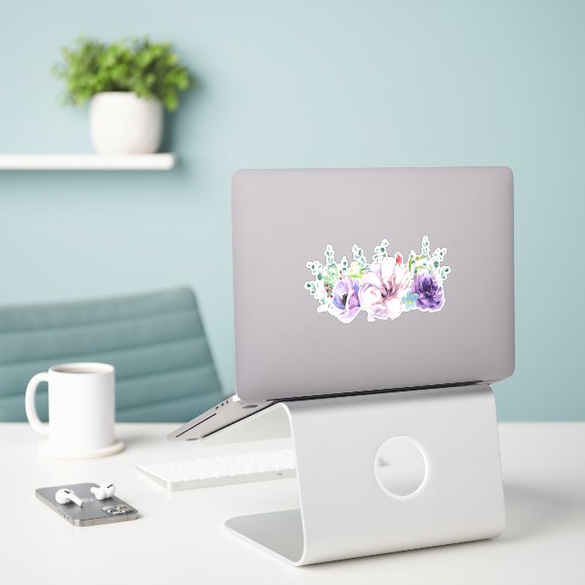 Pink and purple watercolor flowers sticker (Laptop On Desk)