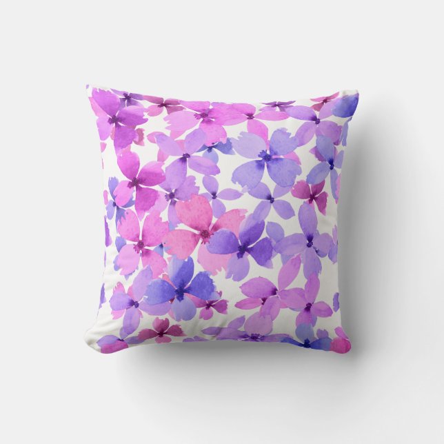 Pink and Purple Watercolor Flowers Throw Pillow (Front)