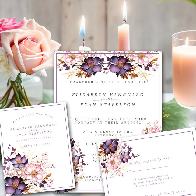 Pink And Purple Watercolor Flowers Wedding Invitation (Creator Uploaded)