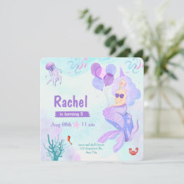 Pink And Purple Watercolor Mermaid Birthday Invitation