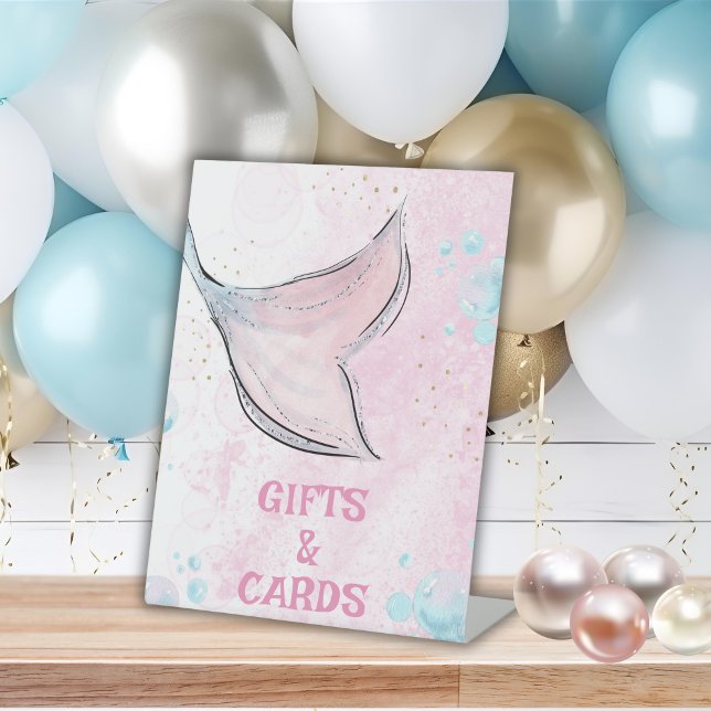 Pink and purple watercolor mermaid tail gifts pedestal sign (Creator Uploaded)