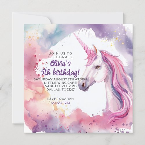 Pink and Purple Watercolor Unicorn Birthday Invitation
