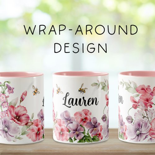 Pink and Purple Wrap_Around Bees and Flowers Two_T Two_Tone Coffee Mug