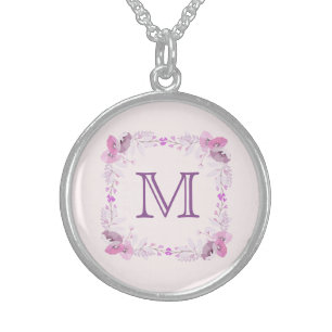 Pink and Purple Wreath of Flowers with Monogram Sterling Silver Necklace