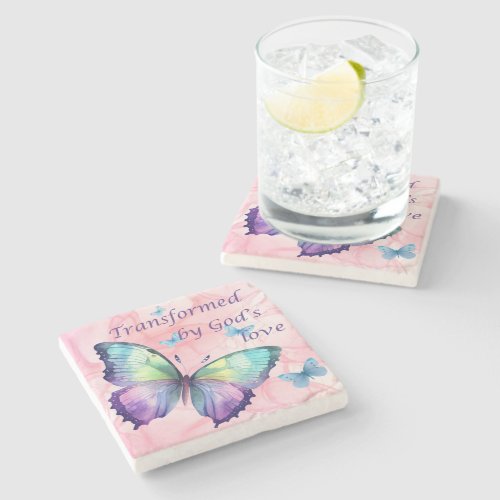 Pink and rainbow butterfly Christian coaster