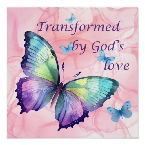 Pink and rainbow butterfly Christian square poster