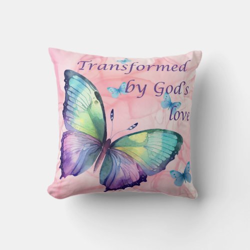 Pink and rainbow butterfly Christian throw cushion