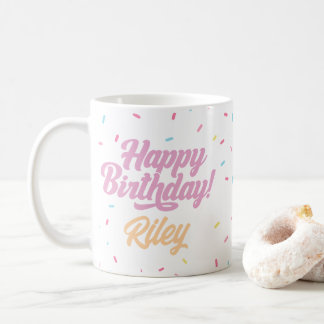 Pink and Rainbow Sprinkles Customizable Birthday Coffee Mug