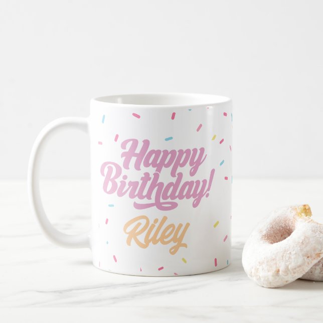 Pink and Rainbow Sprinkles Customizable Birthday Coffee Mug (With Donut)