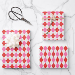 Pink and Red Argyle Christmas Wrapping Paper Sheets