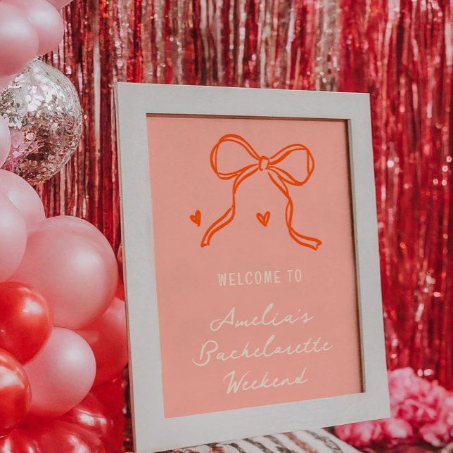 Pink and Red Bachelorette Weekend Welcome Sign (Pink and red bachelorette party welcome sign featuring hand-drawn sketch illustrations.)