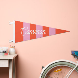 Pink and Red Bold Stripes Kids Name Pennant Flag