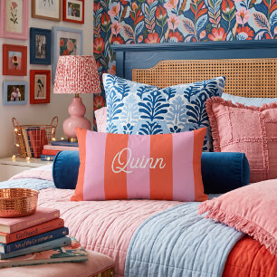 Pink and Red Bold Stripes Monogrammed Lumbar Pillow