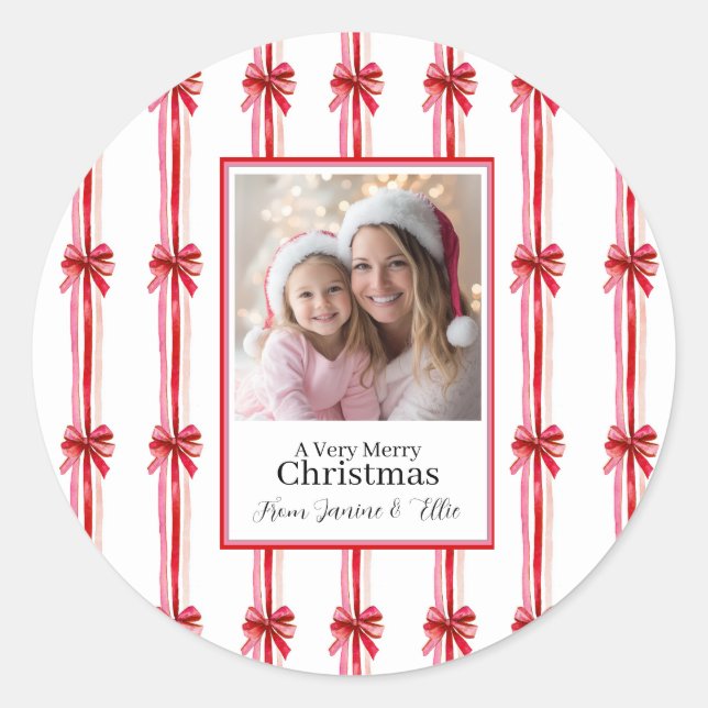 Pink and Red Bows Photo Christmas Classic Round Sticker (Front)