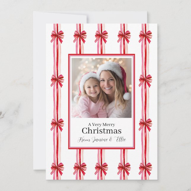 Pink and Red Bows Photo Christmas Holiday Card (Front)