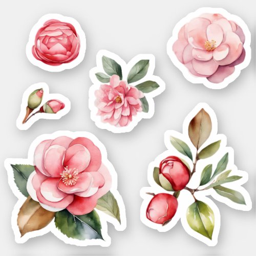 Pink and Red Camelia Flowers Watercolor Art Pack Sticker