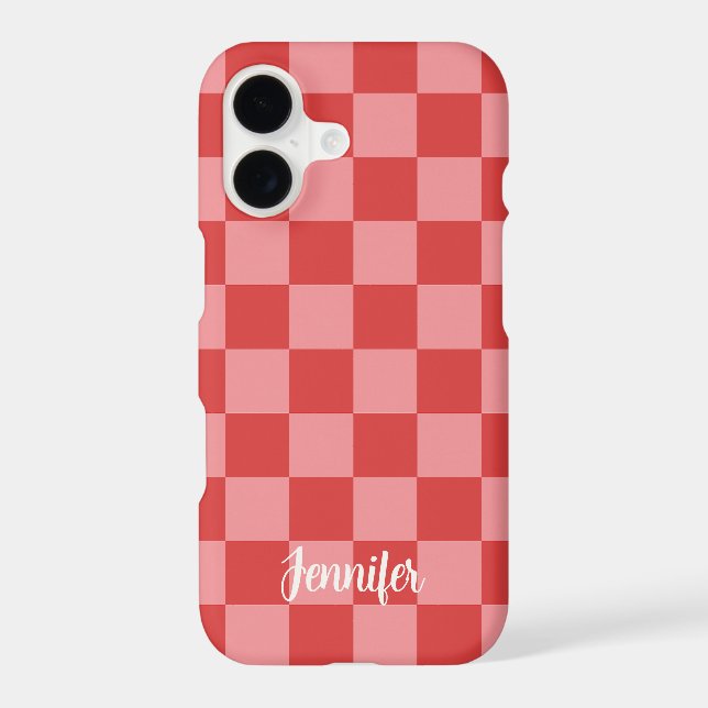 Pink and Red Check Pattern Playful Customizable  Iphone Case (Back)