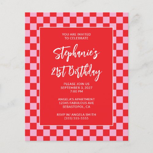 Pink and Red Checkered Bold 21st Birthday Flyer