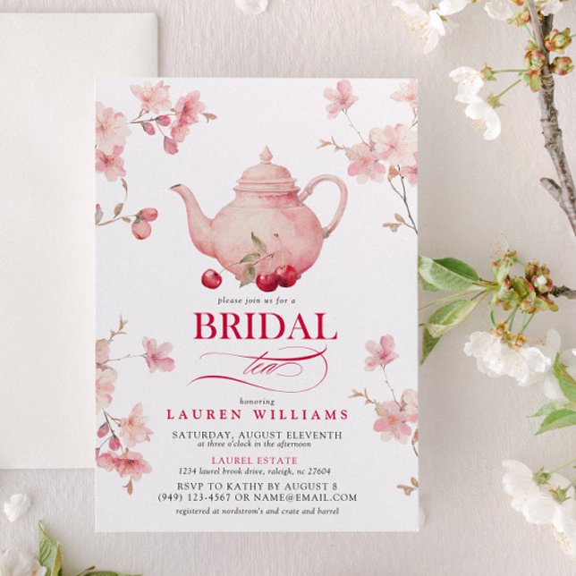 Pink and Red Cherries Flowers Bridal Tea Shower Invitation (Creator Uploaded)
