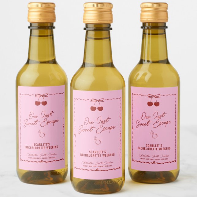Pink and Red Cherry Bachelorette Weekend Mini Wine Label (One Last Sweet Escape mini wine labels, bachelorette party favors, red, pink, personalized, chic)