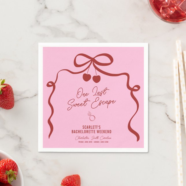 Pink and Red Cherry Bachelorette Weekend Napkins (One Last Sweet Escape cocktail napkins, perfect for a chic red and pink bachelorette party weekend!)