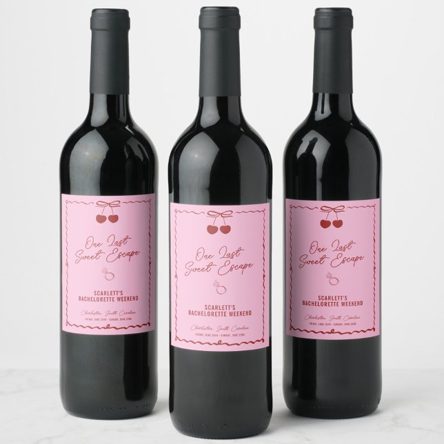 Pink and Red Cherry Bachelorette Weekend Wine Label (One Last Sweet Escape wine label—perfect for a chic red and pink bachelorette weekend celebration!)