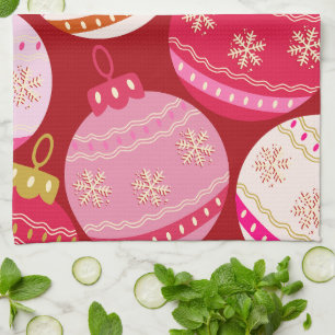 Pink And Red Christmas Baubles Kitchen Towel