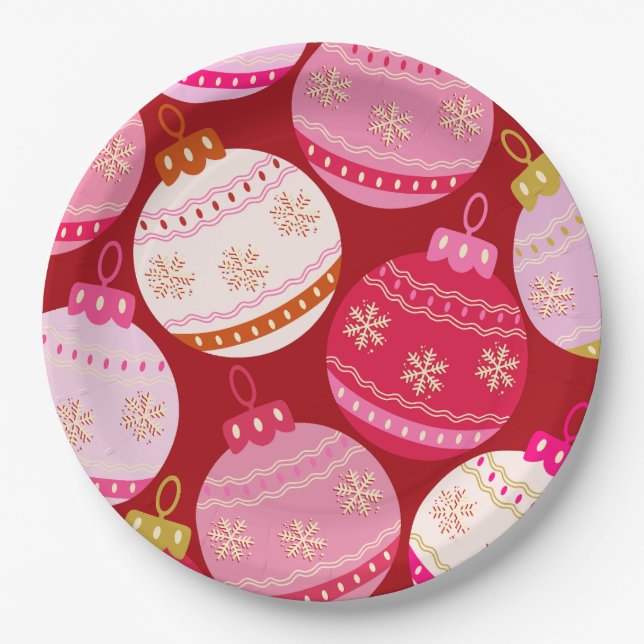 Pink And Red Christmas Baubles Paper Plates (Front)