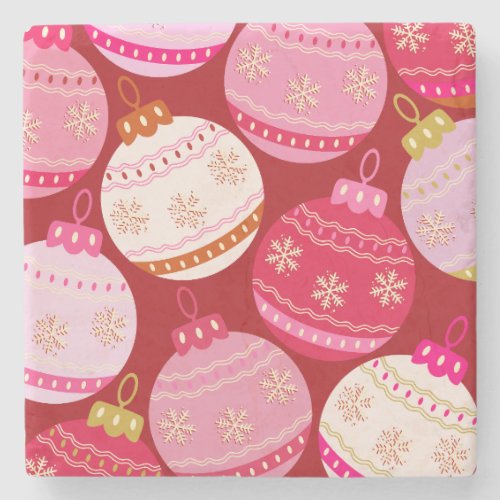 Pink And Red Christmas Baubles Stone Coaster