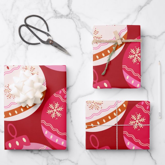 Pink And Red Christmas Baubles Wrapping Paper Sheets (Front)