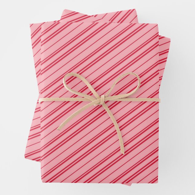 Pink and Red Christmas Candy Cane Stripes  Wrapping Paper Sheets (In situ)
