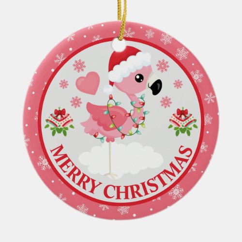 Pink and Red Christmas Flamingo Winter Ceramic Ornament