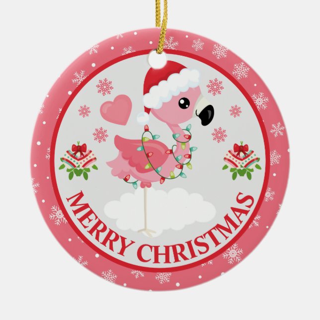 Pink and Red Christmas Flamingo Winter Ceramic Ornament (Front)