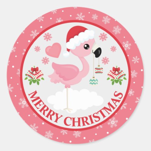 Pink and Red Christmas Flamingo Winter Classic Round Sticker