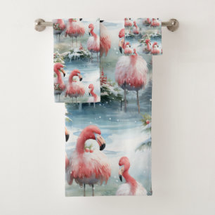 Pink and Red Christmas Flamingo Winter design with Bath Towel Set