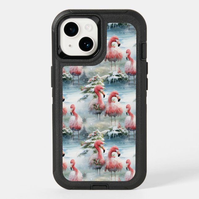 Pink and Red Christmas Flamingo Winter design with Otterbox iPhone Case (Back)
