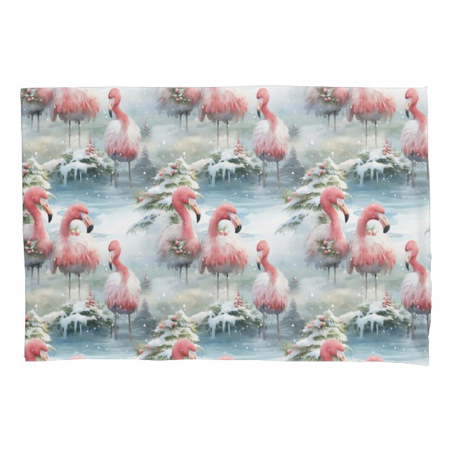 Pink and Red Christmas Flamingo Winter design with Pillow Case (Front-Left)