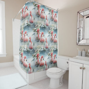 Pink and Red Christmas Flamingo Winter design with Shower Curtain