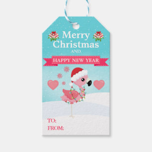 Pink and Red Christmas Flamingo Winter Gift Tags