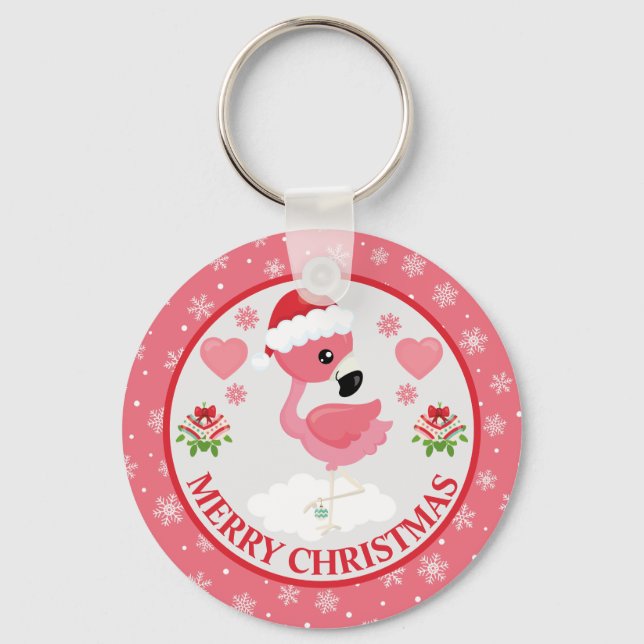 Pink and Red Christmas Flamingo Winter Keychain (Front)