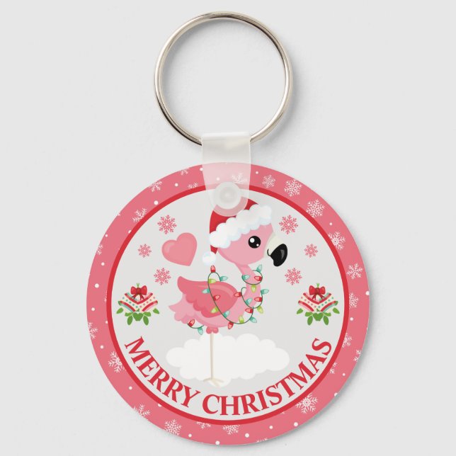 Pink and Red Christmas Flamingo Winter Keychain (Front)
