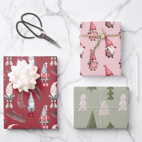 Pink and Red Christmas Gnomes Wrapping Paper Sheets