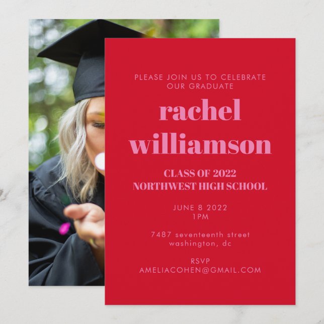 Pink and Red Class of 2024 Photo Graduation Party  Invitation (Front/Back)