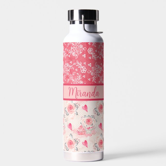Pink and Red Cupcakes, Hearts and Lace Monogrammed Water Bottle (Left)
