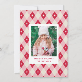 Pink and Red Diamond Pattern Christmas Photo Holiday Card