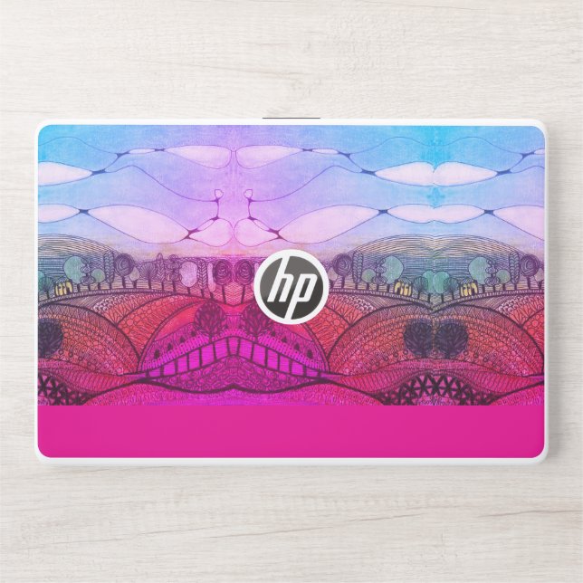 Pink and red doodle landscape HP laptop skin (Front)