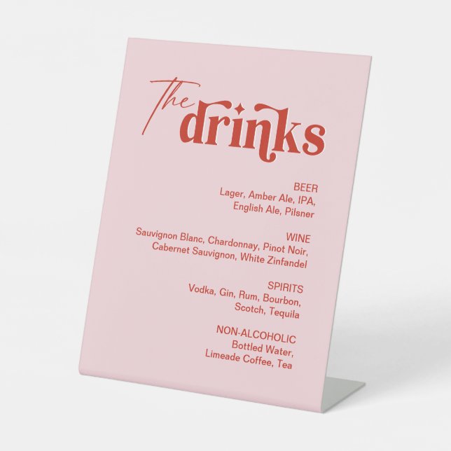 Pink and Red Drink Menu Wedding Bar Pedestal Sign (Front)