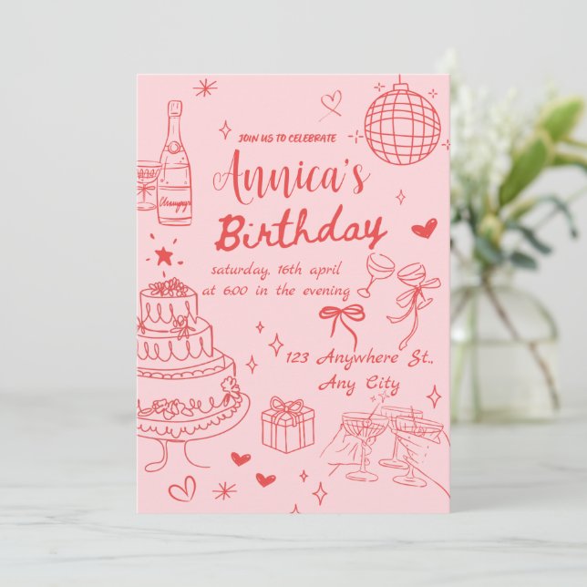 Pink and Red Feminine Birthday Party Invitation (Standing Front)
