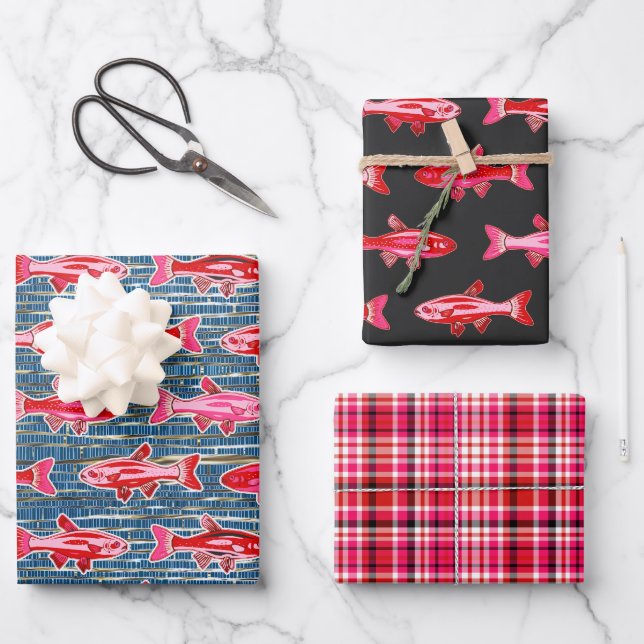 Pink and Red Fish for Valentine's Day Wrapping Paper Sheets (Front)