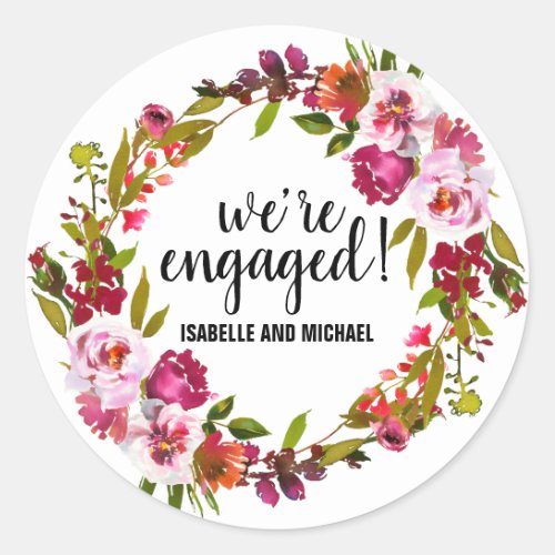 Pink and Red Floral Engagement Announcement Classic Round Sticker